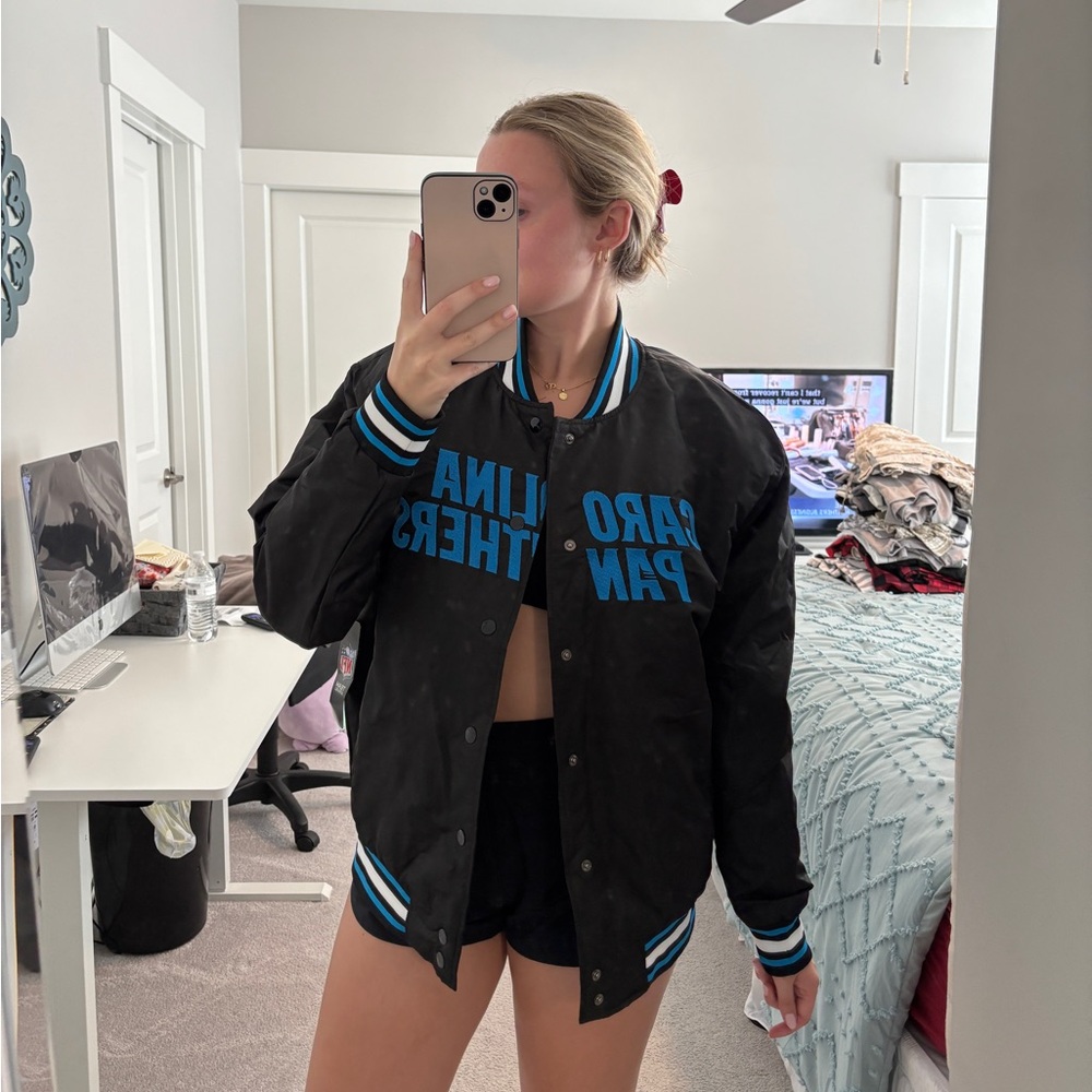 Panthers NFL Black and Blue Varsity Jacket with Ribbed Cuffs